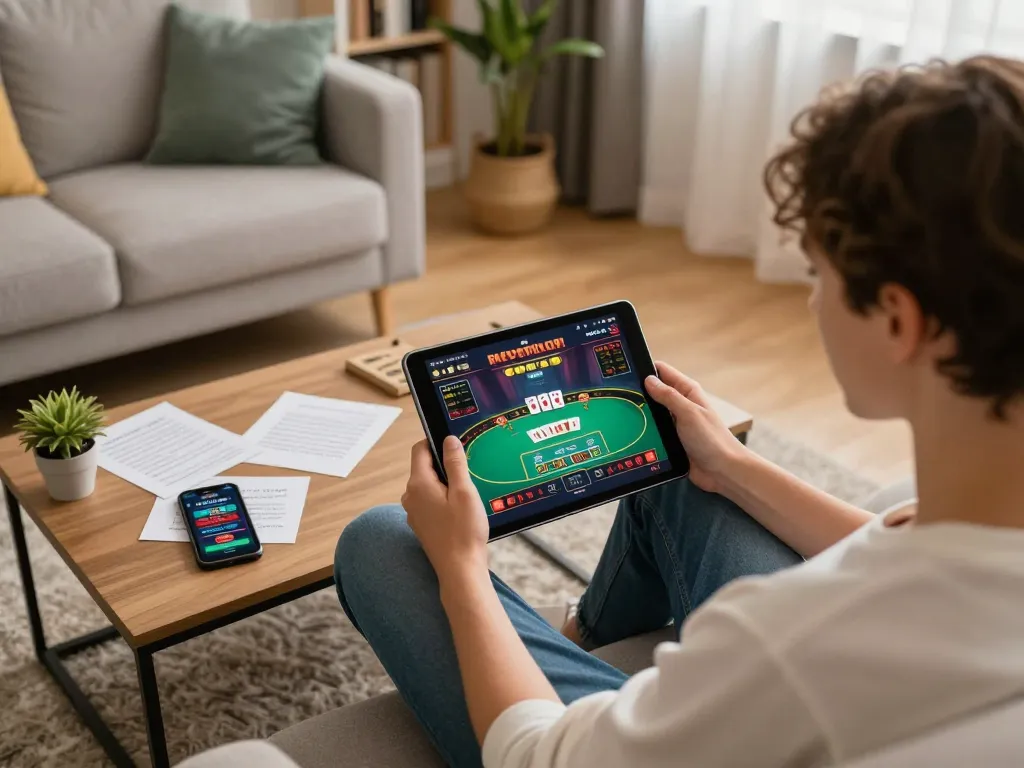 Engaged player participating in migliori casino online europei gaming on tablet at home.