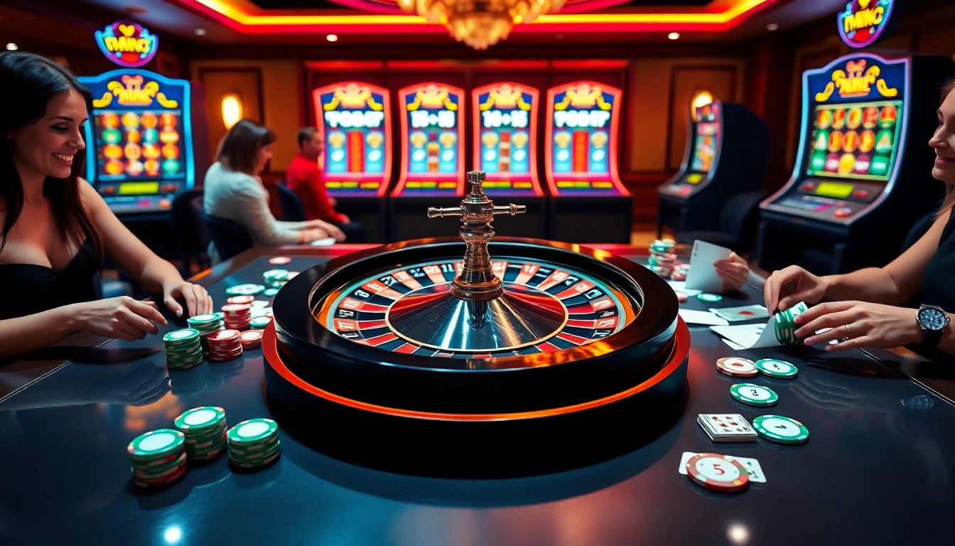 Vivez l'excitation d'un site de casino en ligne avec des jetons de poker colorés et une roulette.