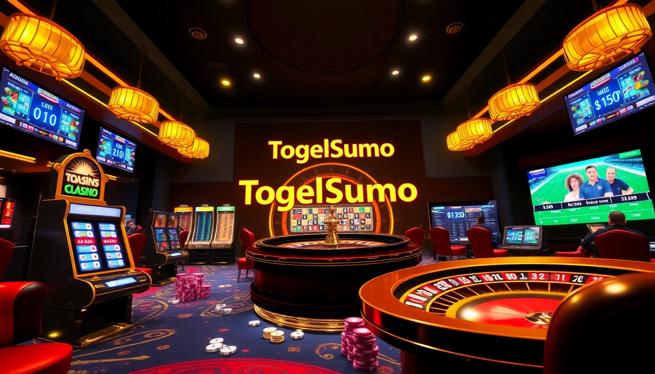 Adegan menarik dari TogelSumo yang menampilkan aktivitas judi bersemangat dengan rolet, mesin slot, dan meja taruhan.