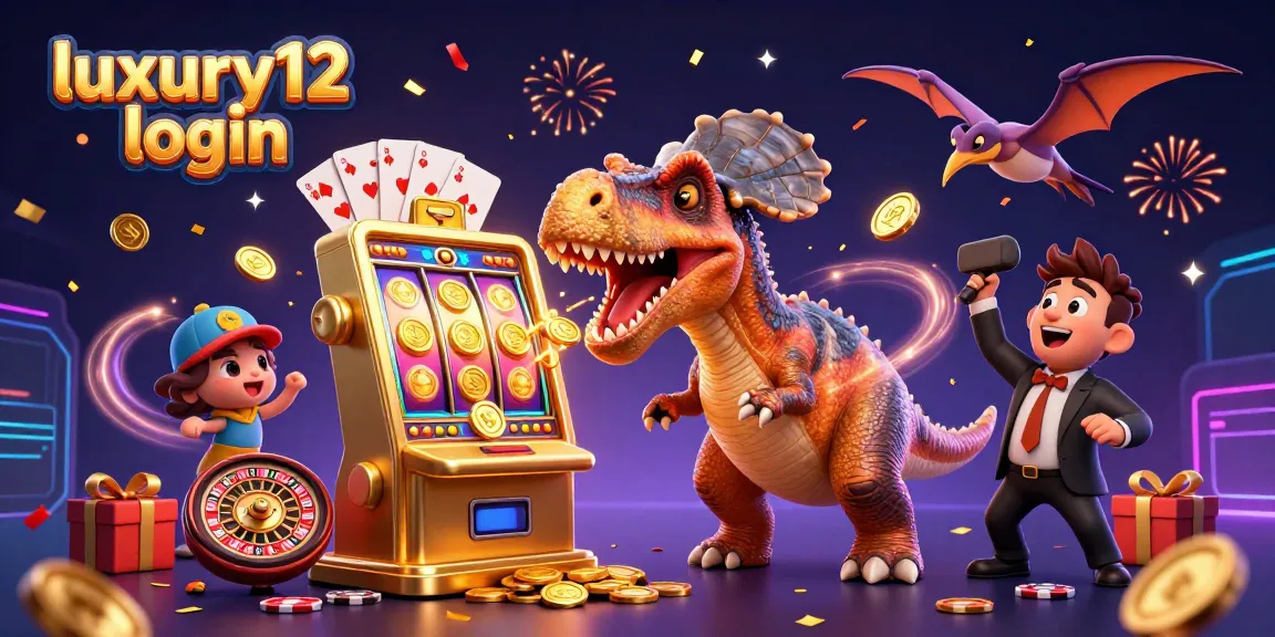 Engage with luxury12 login while a cartoon pachycephalosaurus celebrates a jackpot win at a bustling casino.