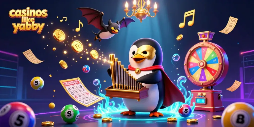 Experience casinos like yabby with vibrant slots and immersive gaming elements in a playful scene.