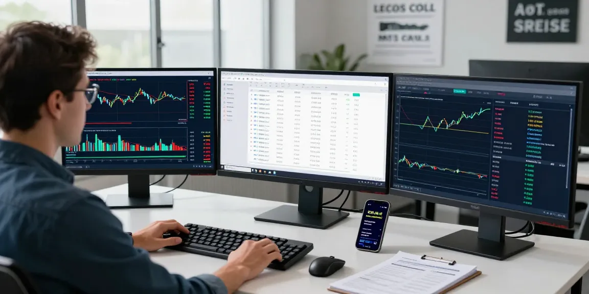 Trader analyzing Forex data on mt4 platform in a modern workspace with multiple screens and technical indicators.