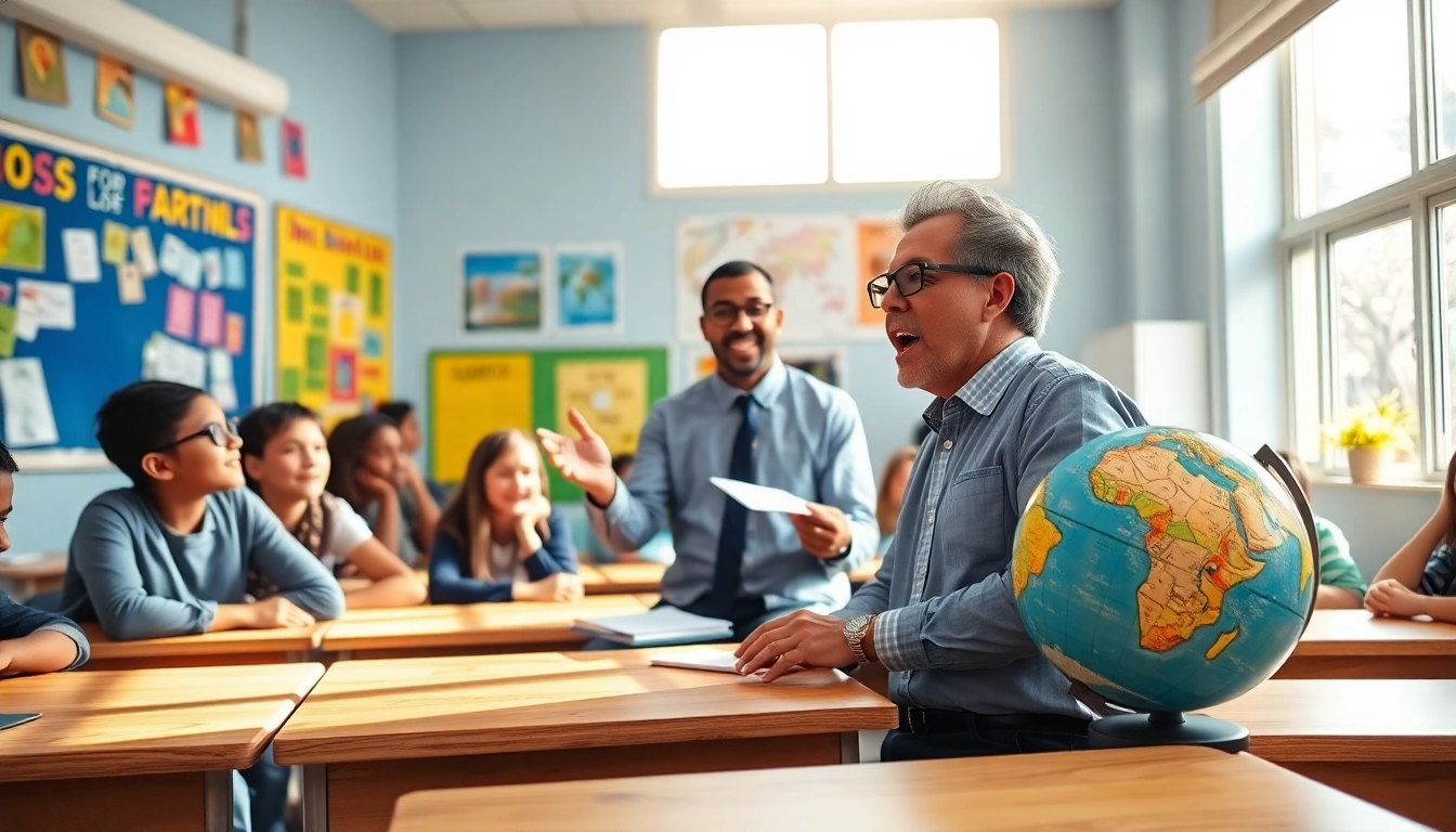 Engaging classroom scene showcasing Education with an animated teacher and enthusiastic students.