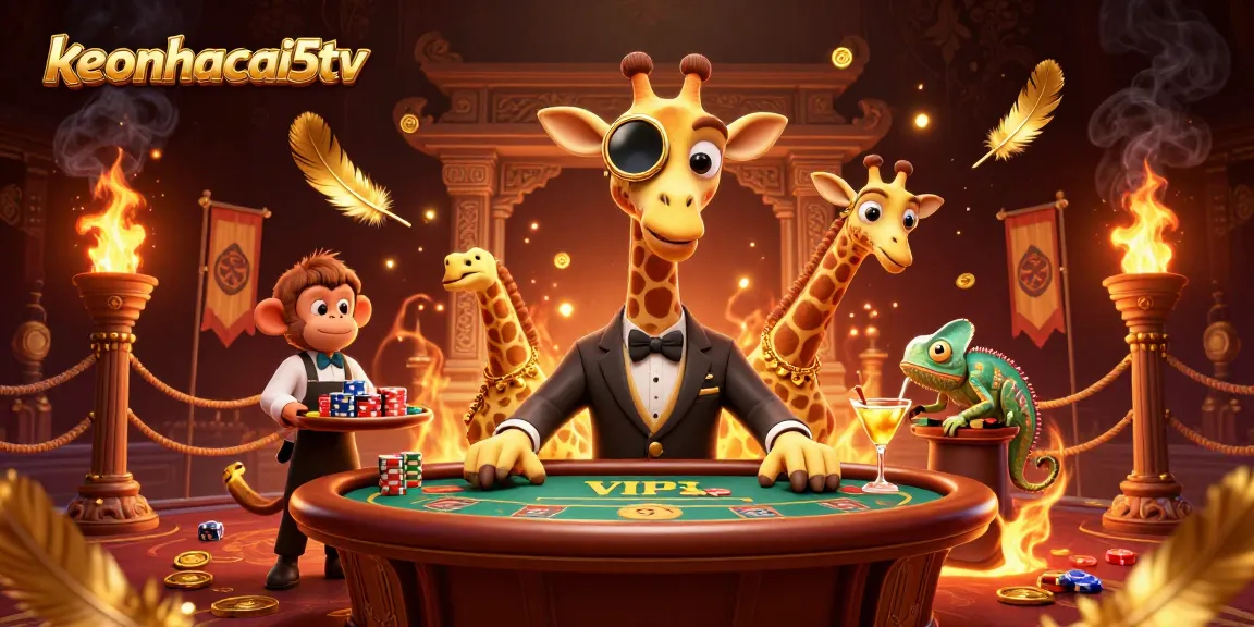 Experience dynamic excitement with keonhacai5tv, featuring a giraffe at a poker table amidst vibrant casino elements.