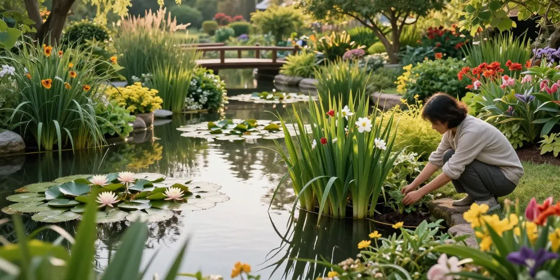 Pond Plants thriving in a serene garden pond with a gardener tending to water lilies.