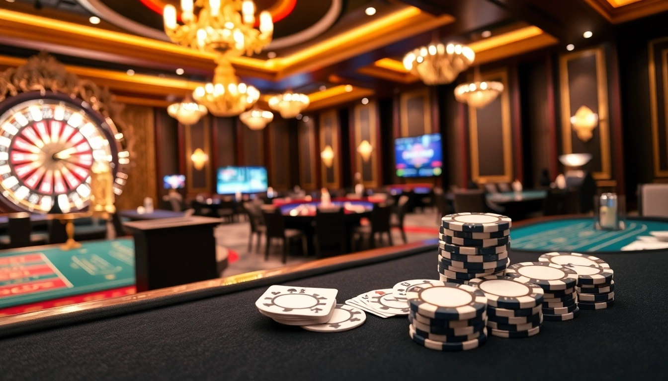 Scène captivante mettant en vedette une table de casino avec des jetons de poker, incarnant l'expérience du site de casino en ligne.