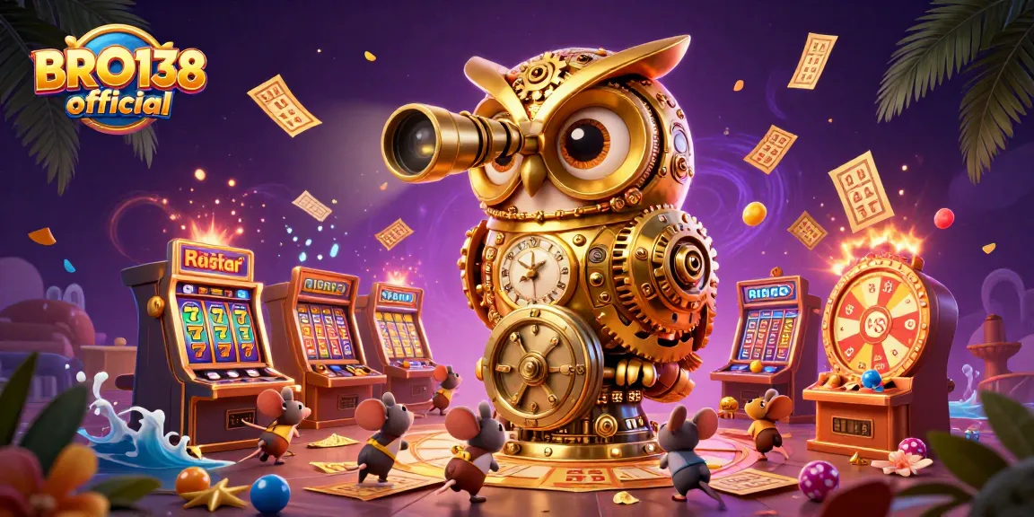Spin slot reels and win on BRO138 official with lively golden owl overseeing the casino experience.