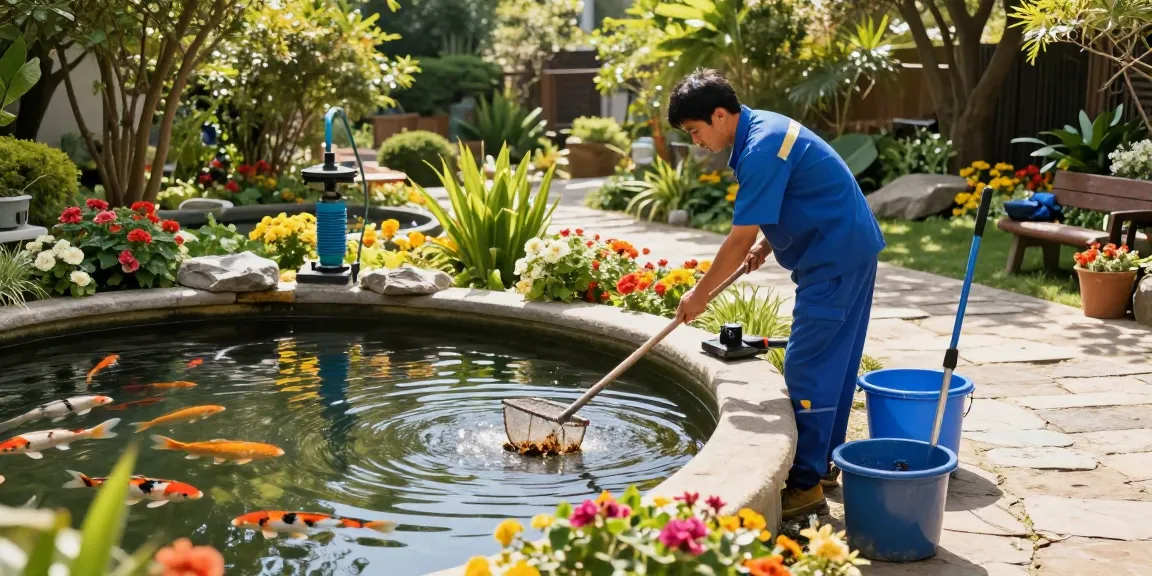 Pond Cleaning Surrey: Technician performing pond maintenance in a tranquil garden setting with vibrant flora.