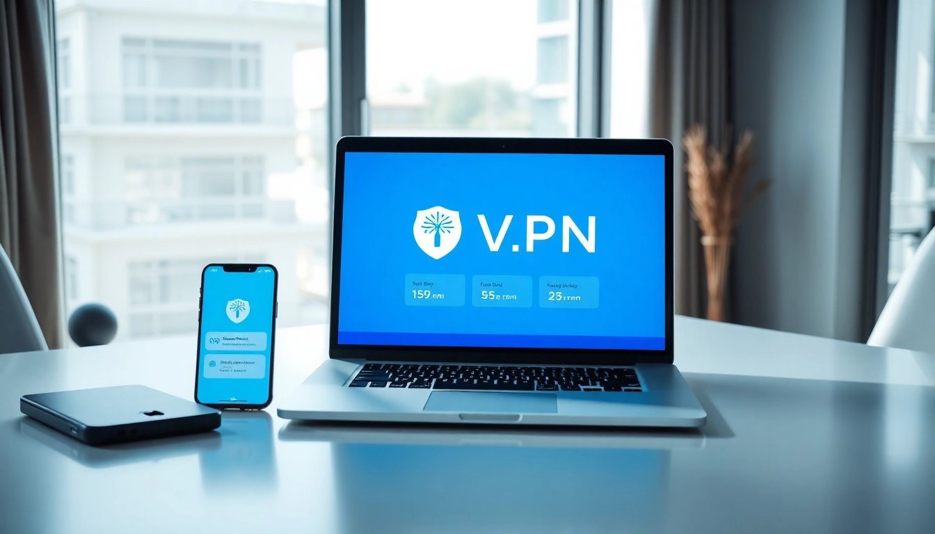 现代工作空间中，笔记本电脑显示快连下载界面，手机上显示 VPN 应用。