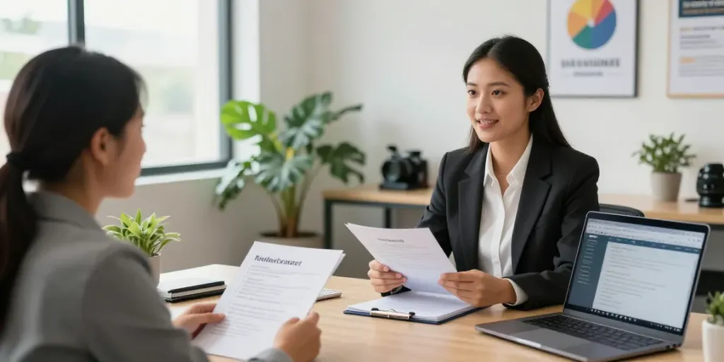 Suriname recruitment interview scene showcasing HR consultant and candidate in a bright office setting.