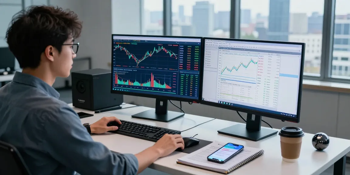 Live trading scene with MetaTrader 5 platform on multiple screens, showcasing a modern trader's workspace.