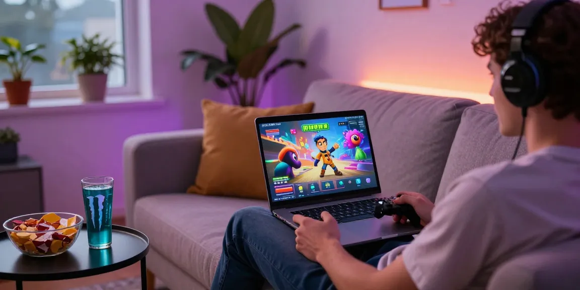 Engaging scene of a player enjoying an adult game on a laptop, cozy atmosphere with vibrant visuals.
