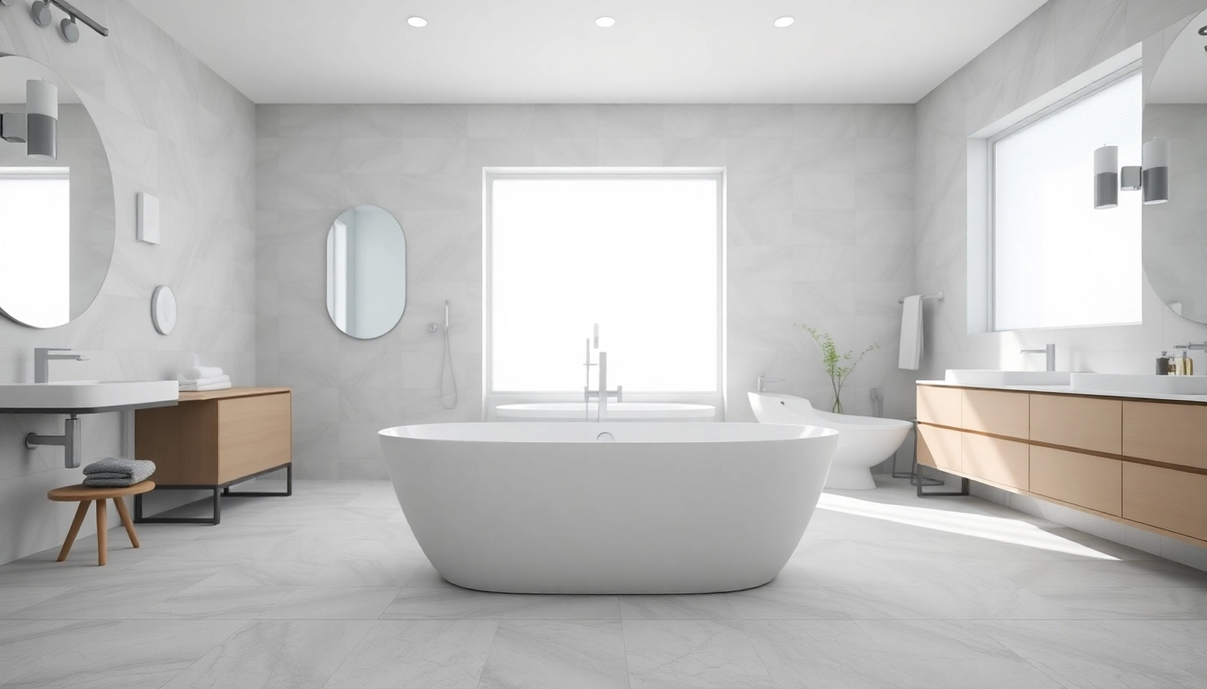 Transform your space with bathroom renovation near me featuring a sleek freestanding bathtub and bright lighting.