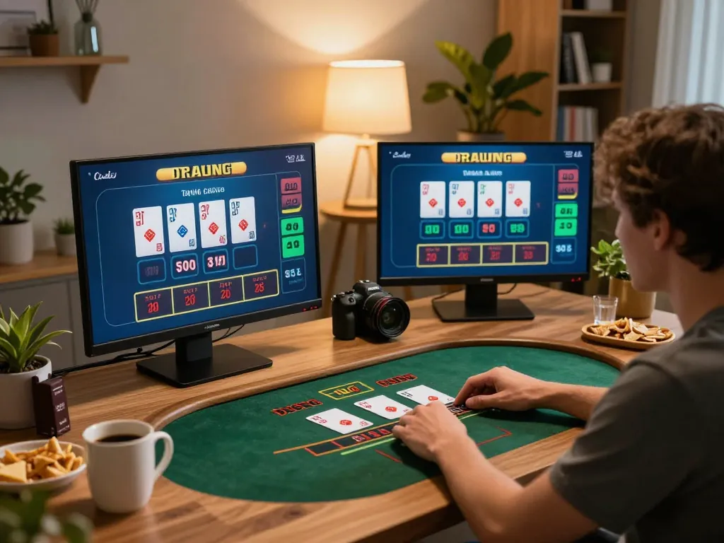 A person engaging with an online blackjack game on FAFA 828, showcasing a modern home gaming setup.