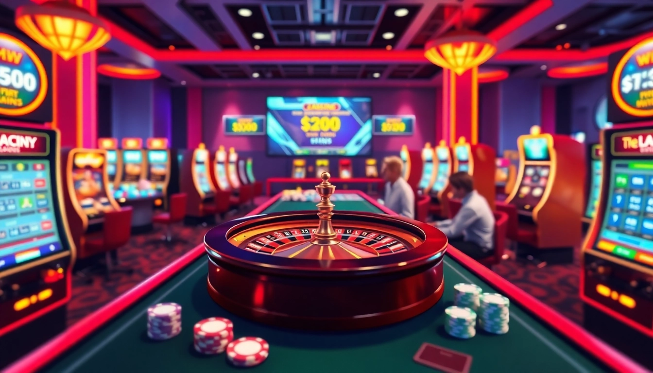 Engager les joueurs sur un site de casino en ligne lors d'une nuit vibrante, mettant en avant des jetons de poker et une table de roulette.