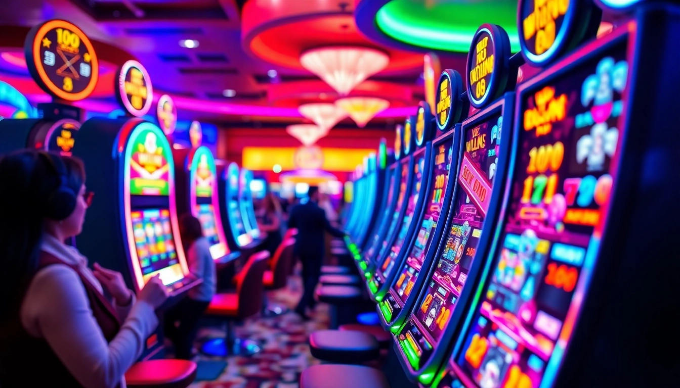 Menang di slot depo 1000 dengan suasana kasino yang meriah dan penuh warna.