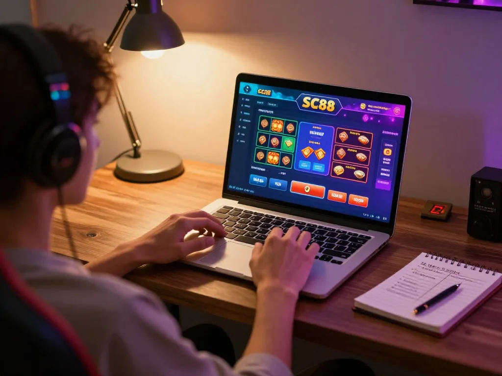 SC88 gaming session with player engaged in casino games on a laptop, warm home atmosphere.