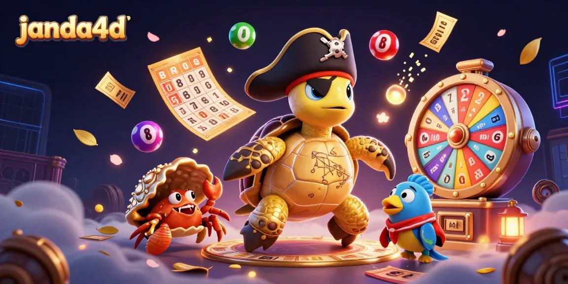 Janda4D bermain togel dan slot online dengan karakter kura-kura bajak laut, kepiting, dan ikan parrot dalam ilustrasi 3D yang berwarna-warni.