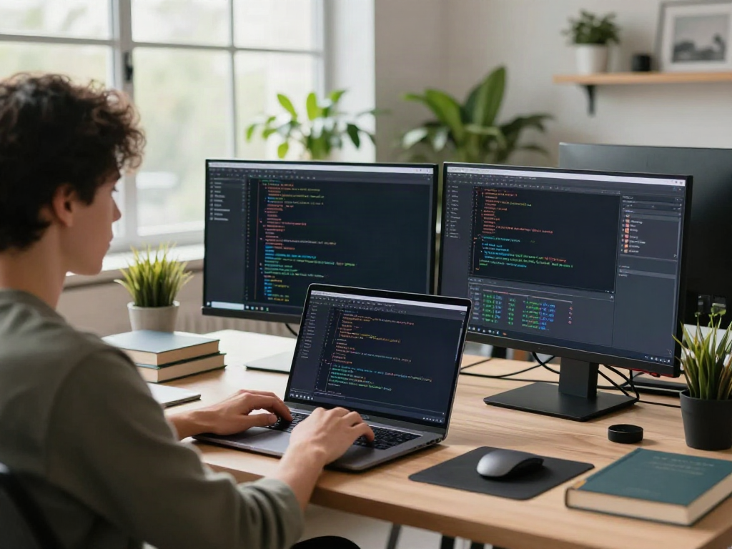 Brave browser developer coding in a modern workspace with dual monitors.