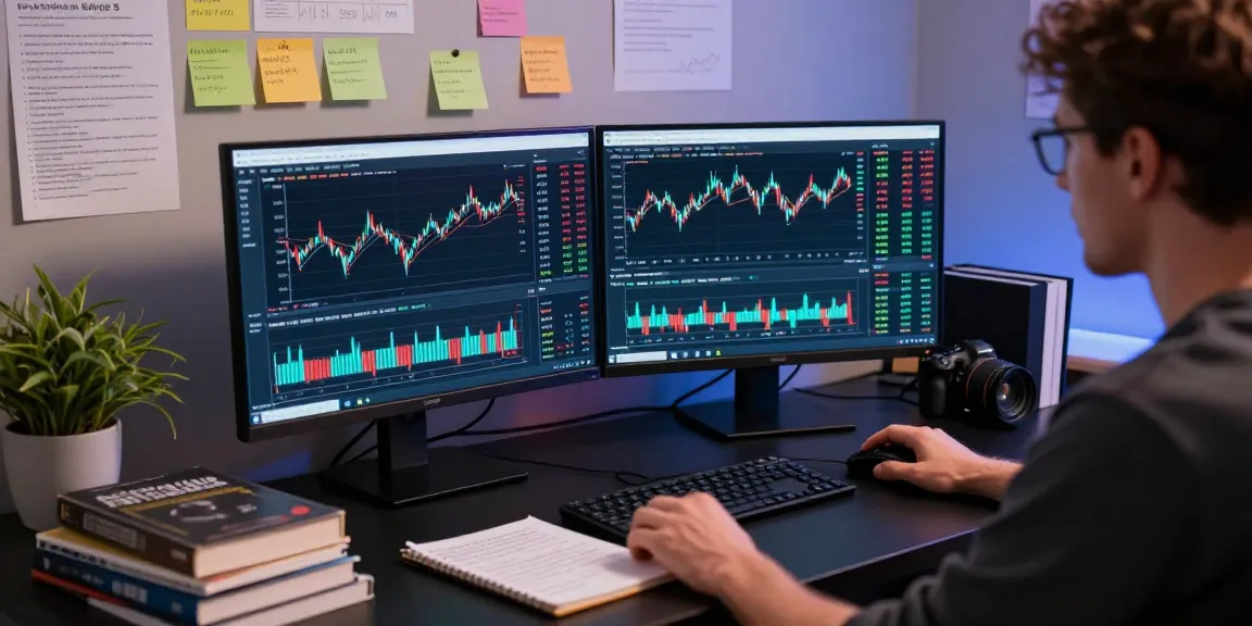 Trader using MetaTrader 5 on dual screens, analyzing market data in a professional trading environment.