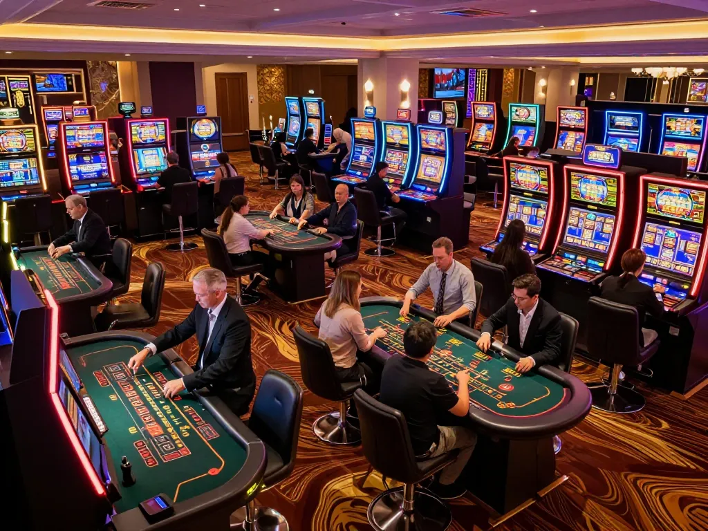 Players winning at slot machines and card tables at 77789vip casino, showcasing excitement and engagement.