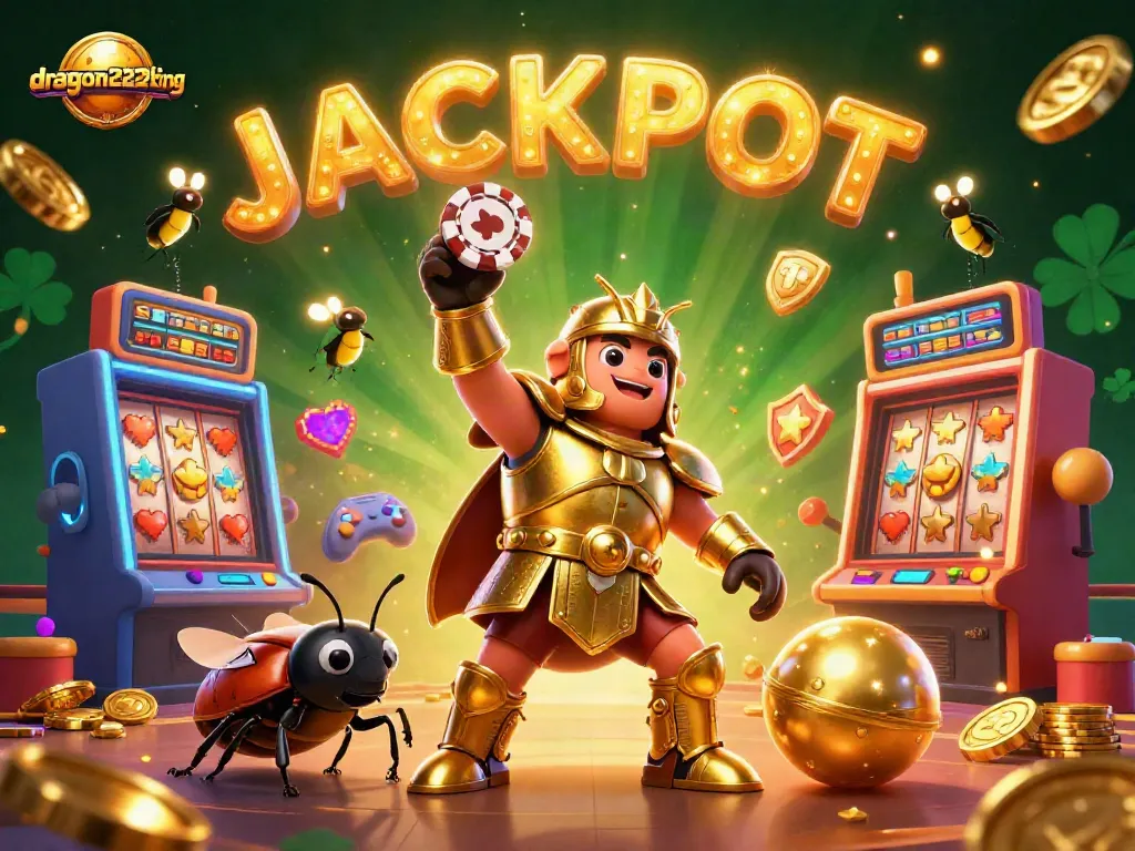 Experience thrilling wins with dragon222king as a herculean beetle poses with jackpot excitement.