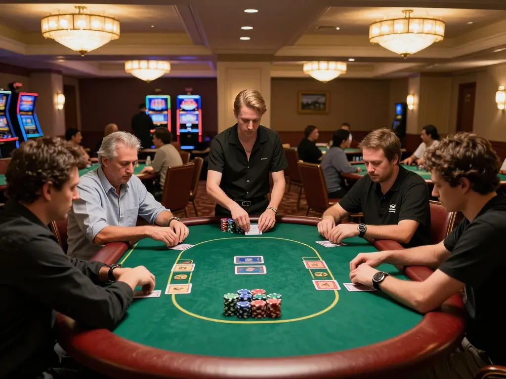 Players engage in a strategic poker game at an upscale casino featuring sc888 tables and vibrant atmosphere