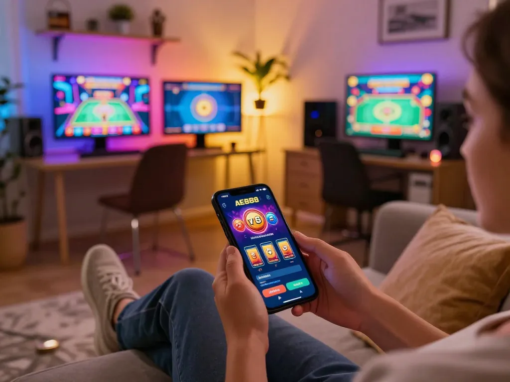 Player enjoying AE888 mobile casino app in cozy gaming setup.