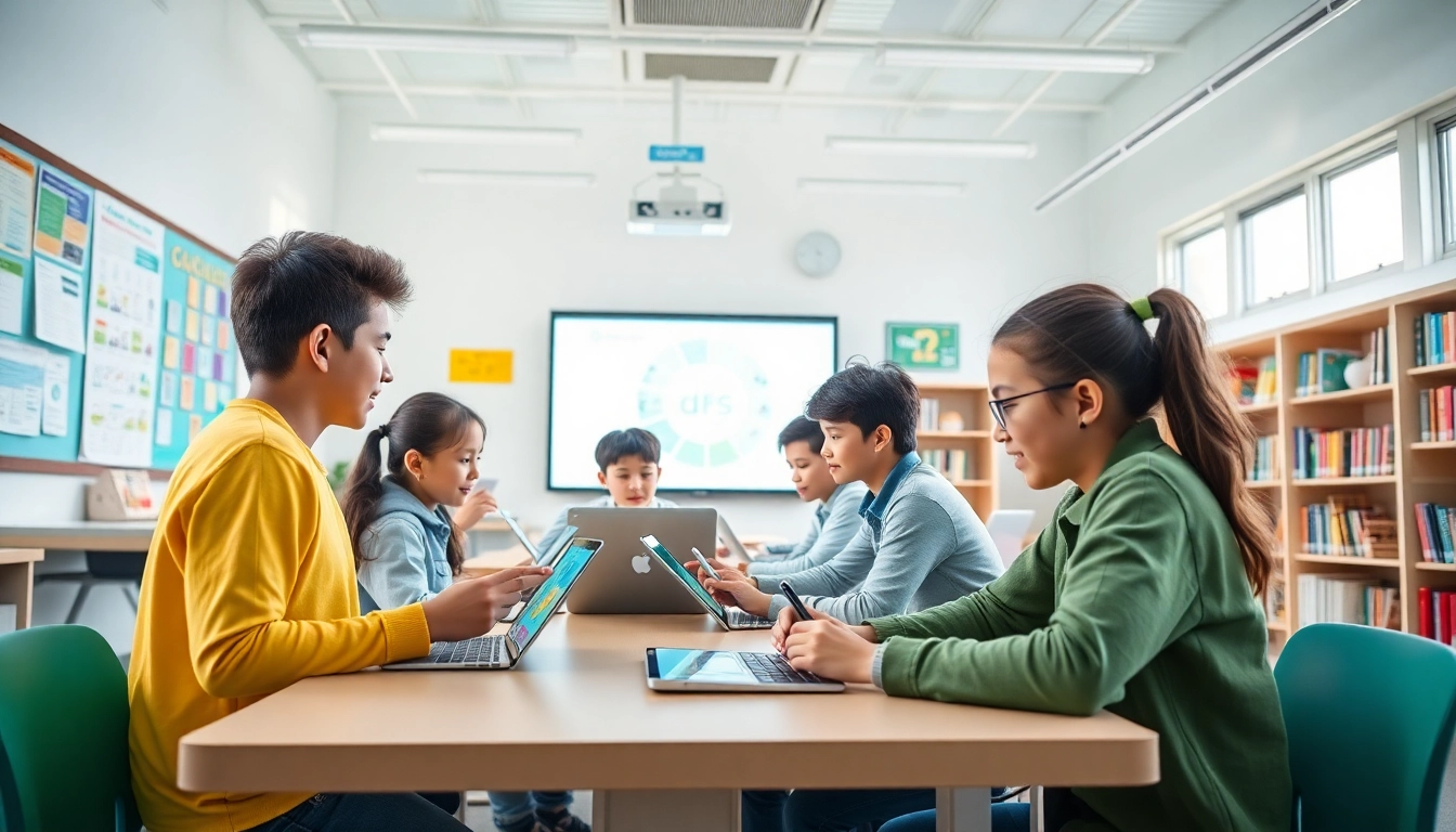 Youdao digital learning environment with students interacting with technology in a bright classroom.