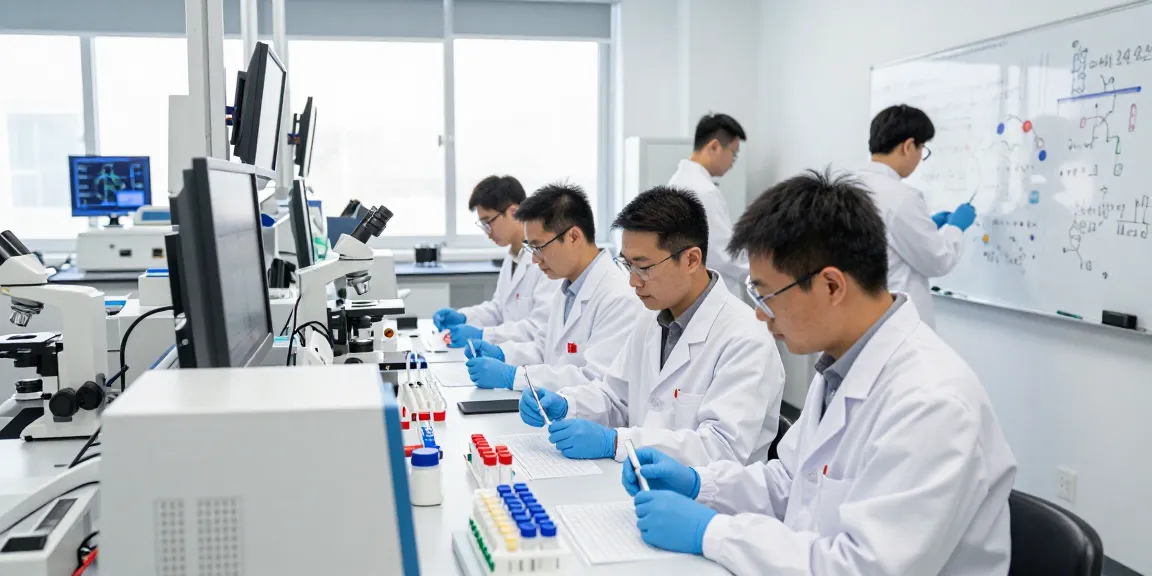 Researchers testing Swiss Chems peptides in a modern laboratory environment with advanced equipment.
