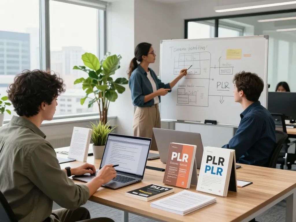 Professionals collaborating to purchase PLR content in a modern office setting.