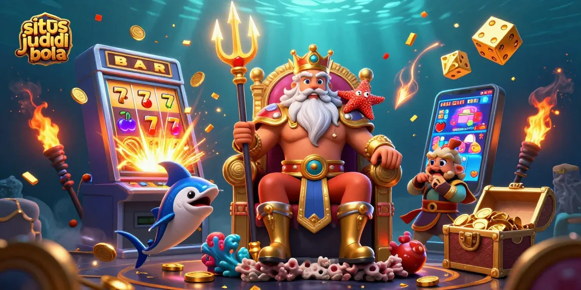 Engage in situs judi bola with Neptune and vibrant casino elements in a lively underwater scene.