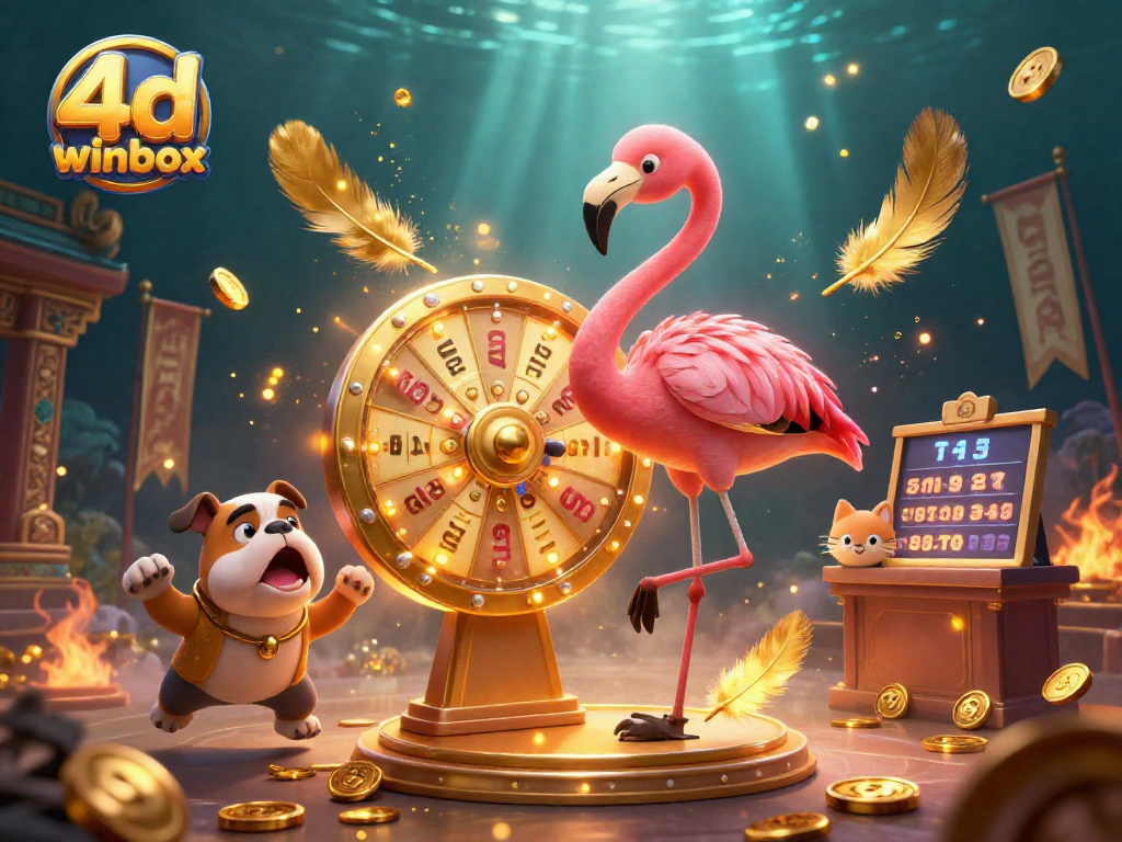 Engage with 4d winbox as a flamingo host spins the prize wheel in a vibrant lottery scene.