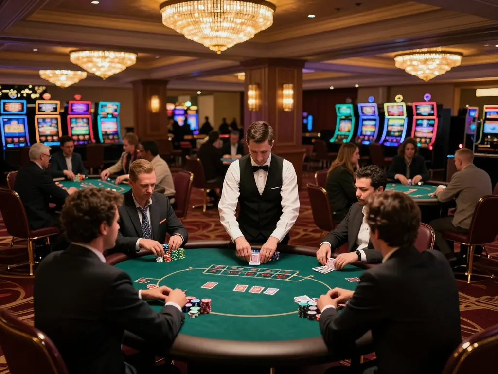 Casino italiani non aams ambiance featuring active poker tables and engaging players in a luxurious casino environment.