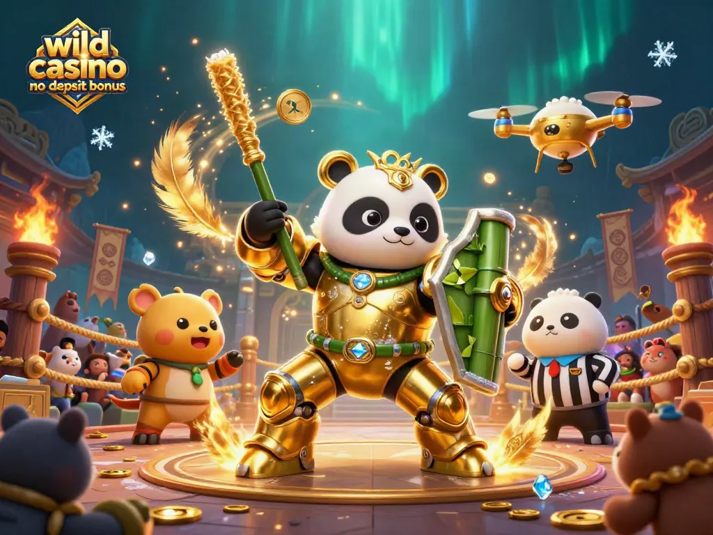 Engage with the wild casino no deposit bonus in a dynamic 3D illustrated scene filled with vibrant casino elements.