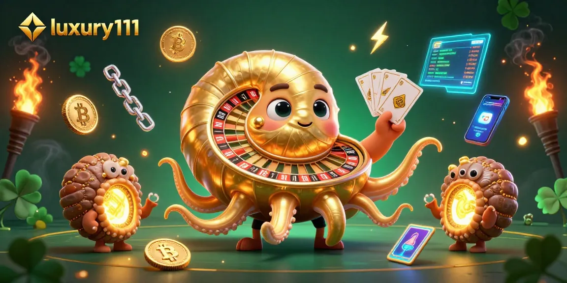 Experience luxury111 with a thrilling casino ambiance featuring a giant nautilus, cards, and cryptocurrency elements.
