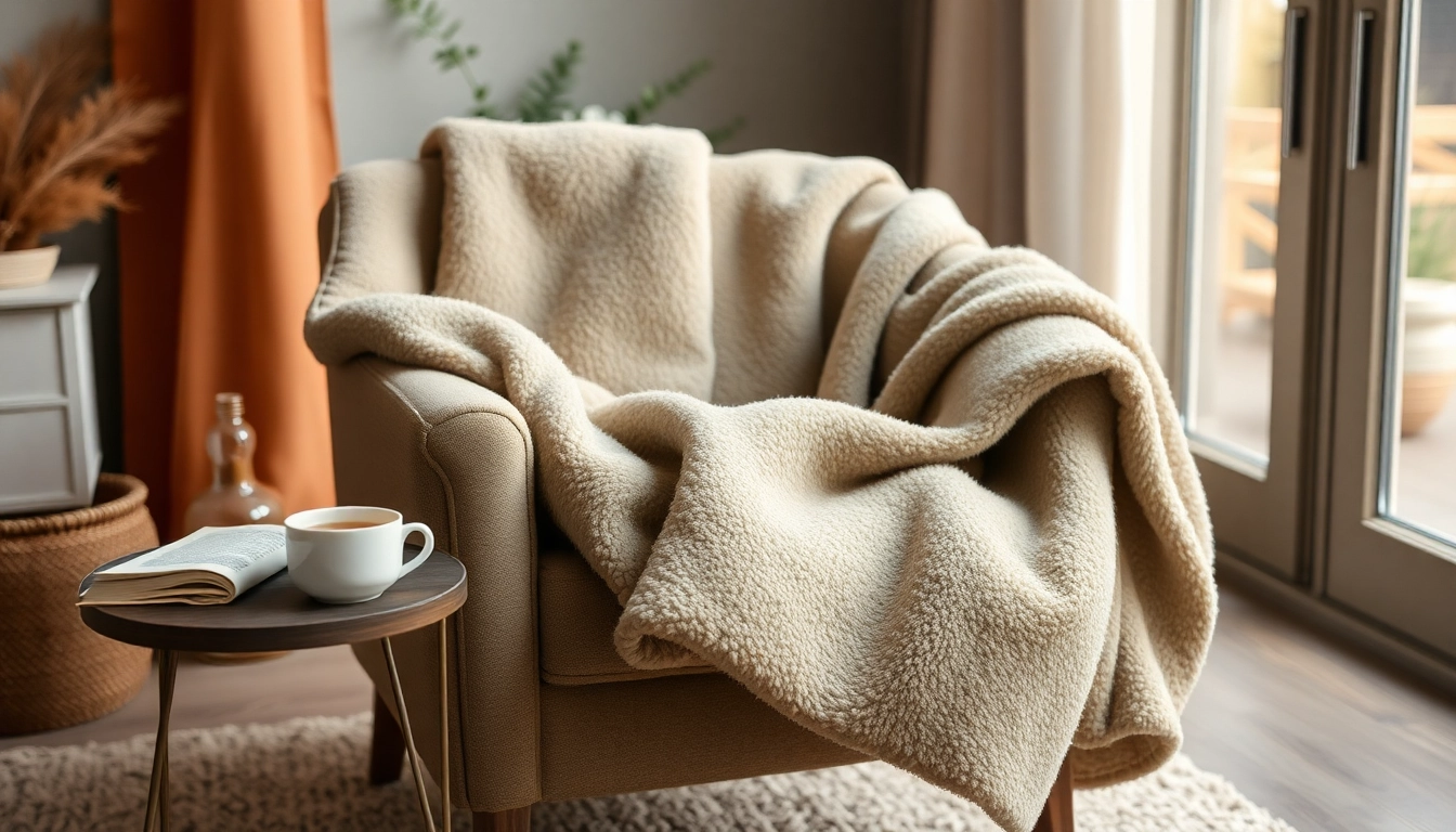 Fleece stof in een gezellige setting met warme kleuren en texturen benadrukken.
