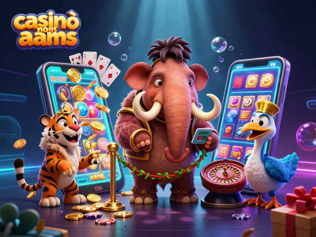 Scopri casinò non aams con un mammut di sicurezza, una tigre VIP e un porta dodo, circondati da giochi di slot.
