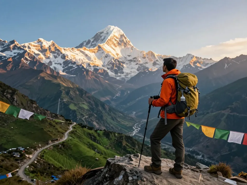 Traveler enjoying the stunning views of the Annapurna Circuit during sunset, showcasing the breathtaking landscape.