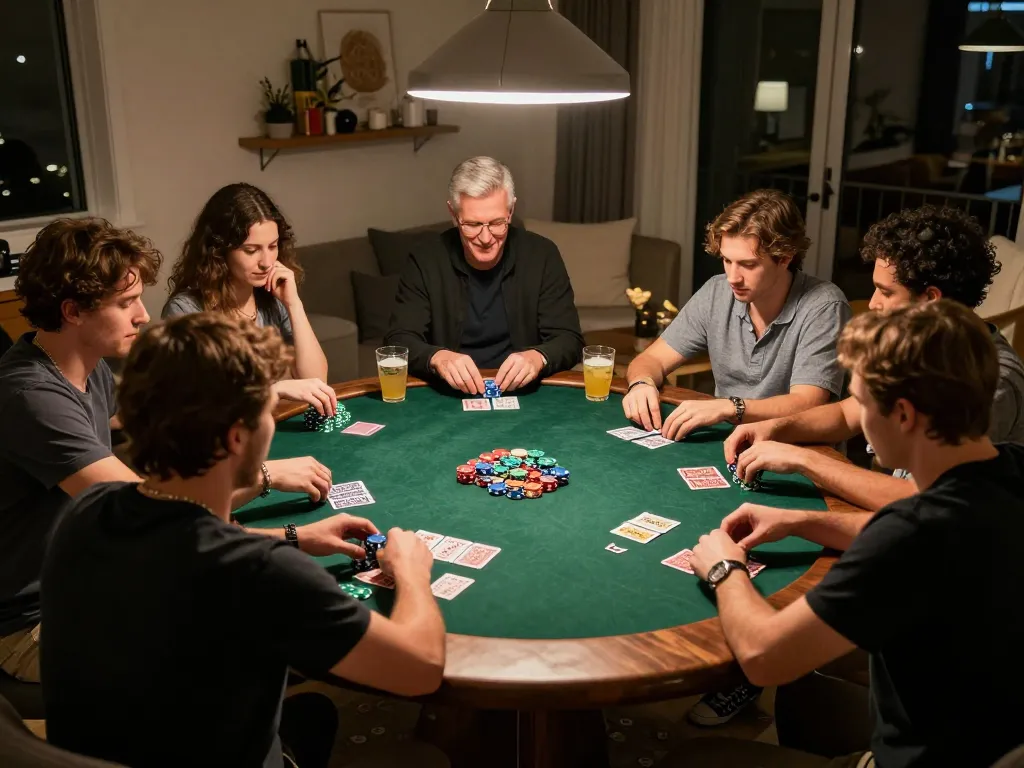 Social gambling scene with friends playing poker at home featuring cm88-yu branded elements and excitement.