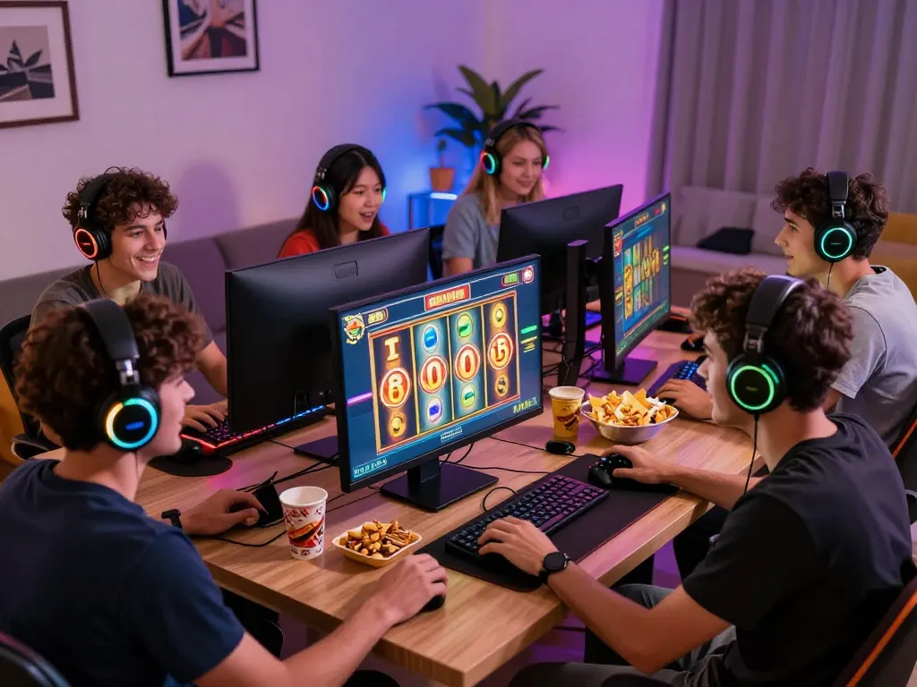 Engaged players enjoying situs gacor online slot games in vibrant home setting