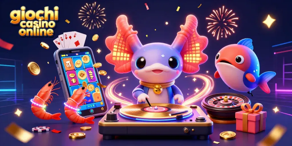 Gioca ai giochi casino online con un DJ axolotl in un festoso ambiente subacqueo!