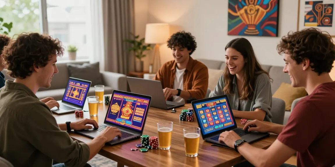 Friends enjoying an online gaming session at credit card casinos on mvc.org.uk, showcasing vibrant interaction and excitement.