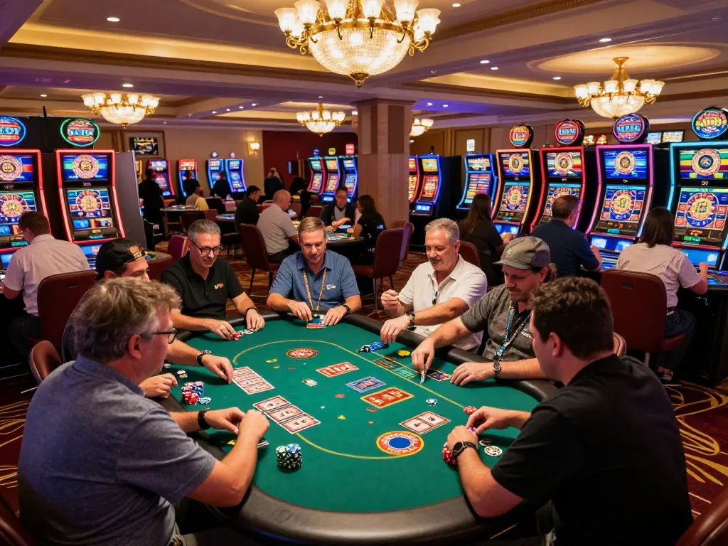 Engaged players enjoying sh bet strategy at a lively casino gaming table, colorful chips and cards in action.