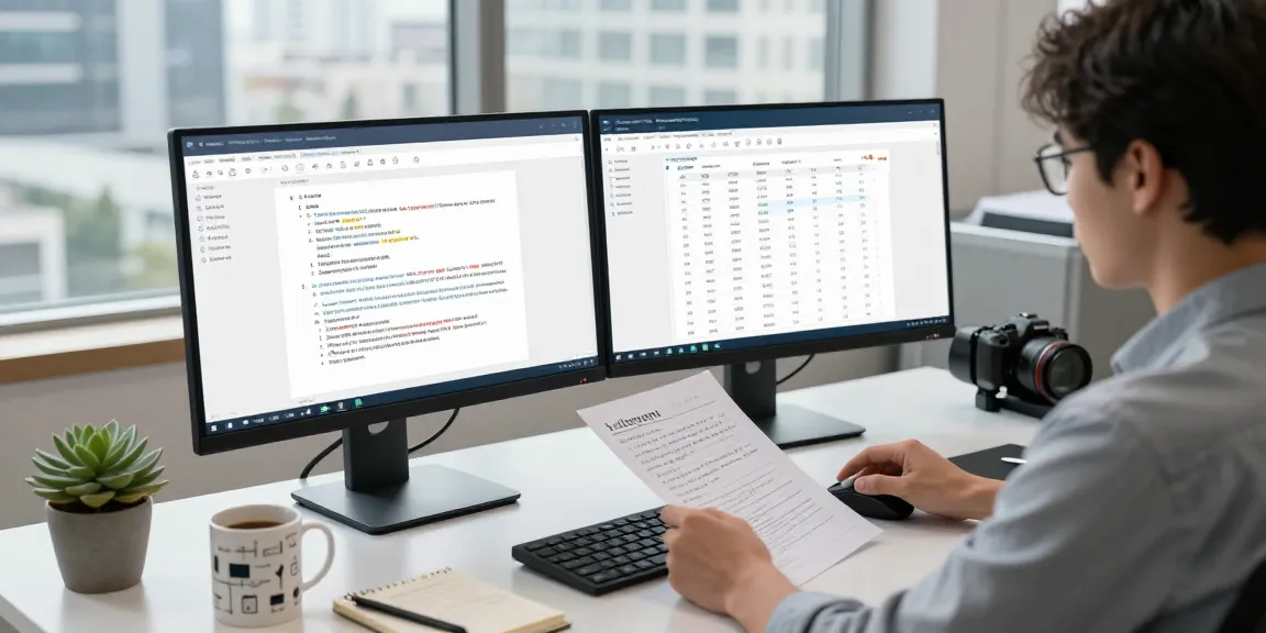 Data analyst using AI to detect fraud in PDF documents in a modern office setting.