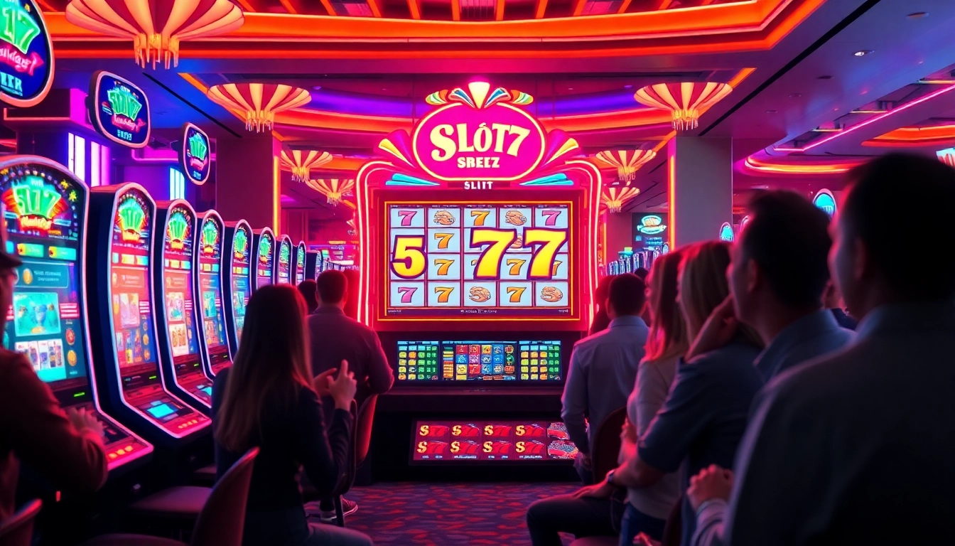 Main Slot77 machine with players engaged at a lively casino atmosphere.