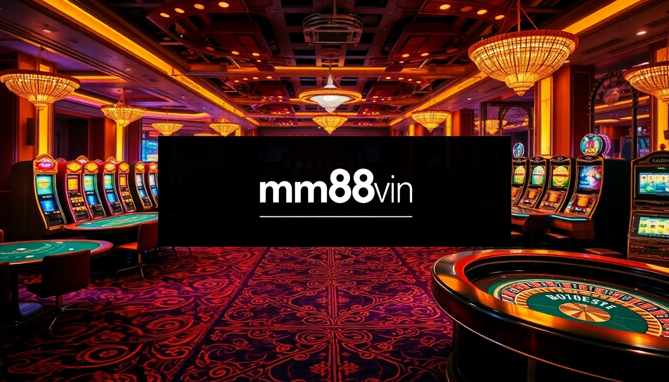 A lively casino scene highlighting mm88 vin with tables, poker chips, and slot machines exuding excitement.
