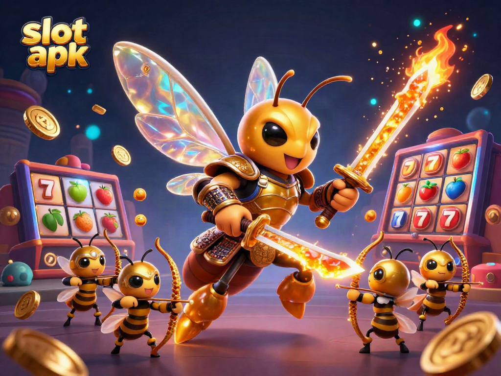 Experience the thrill of slot apk with a vibrant, action-packed scene featuring a golden hornet hero.