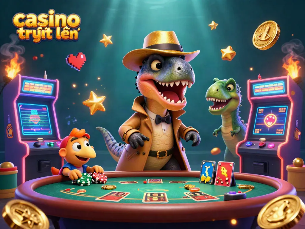 Chơi casino trực tuyến với velociraptor và stegosaurus trong không gian đầy màu sắc.
