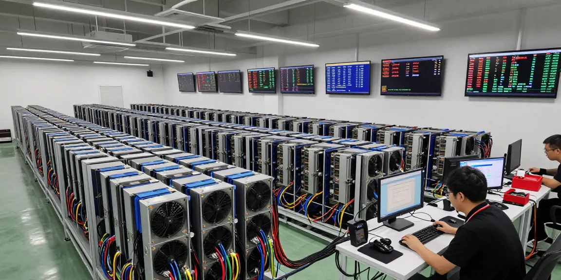 bitcoin mining farm with ASIC miners and monitoring screens in a large warehouse